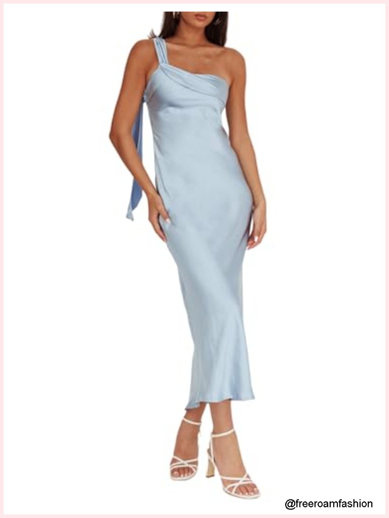 Satin One Shoulder Maxi Dress Formal Backless Ruffle Sleeveless Wedding Guest